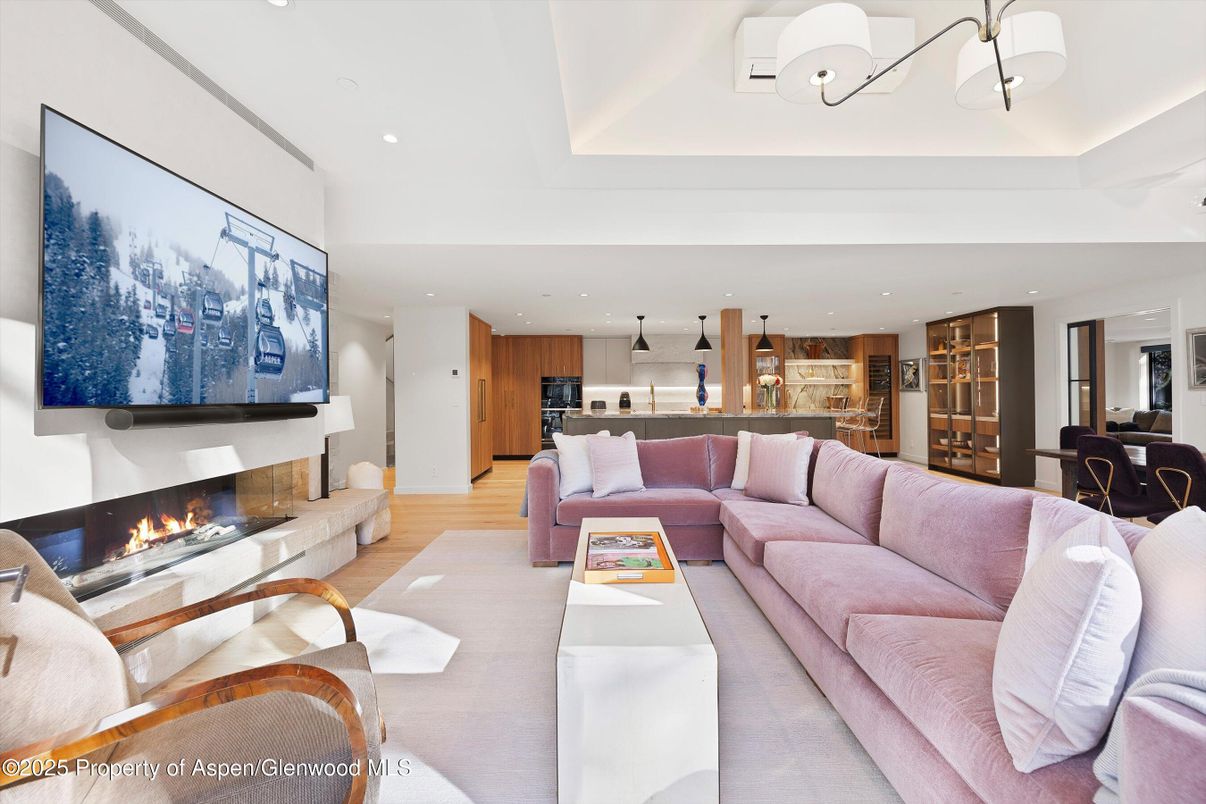 Dining room, Fireplace, Interior, Kitchen, Living room, Pendant Lights, Recessed Lighting, Stainless Steel Appliances, Wood Texture Flooring