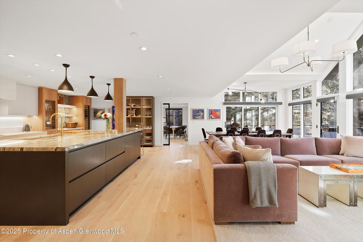 Dining room, Interior, Kitchen, Living room, Pendant Lights, Recessed Lighting, Wood Texture Flooring