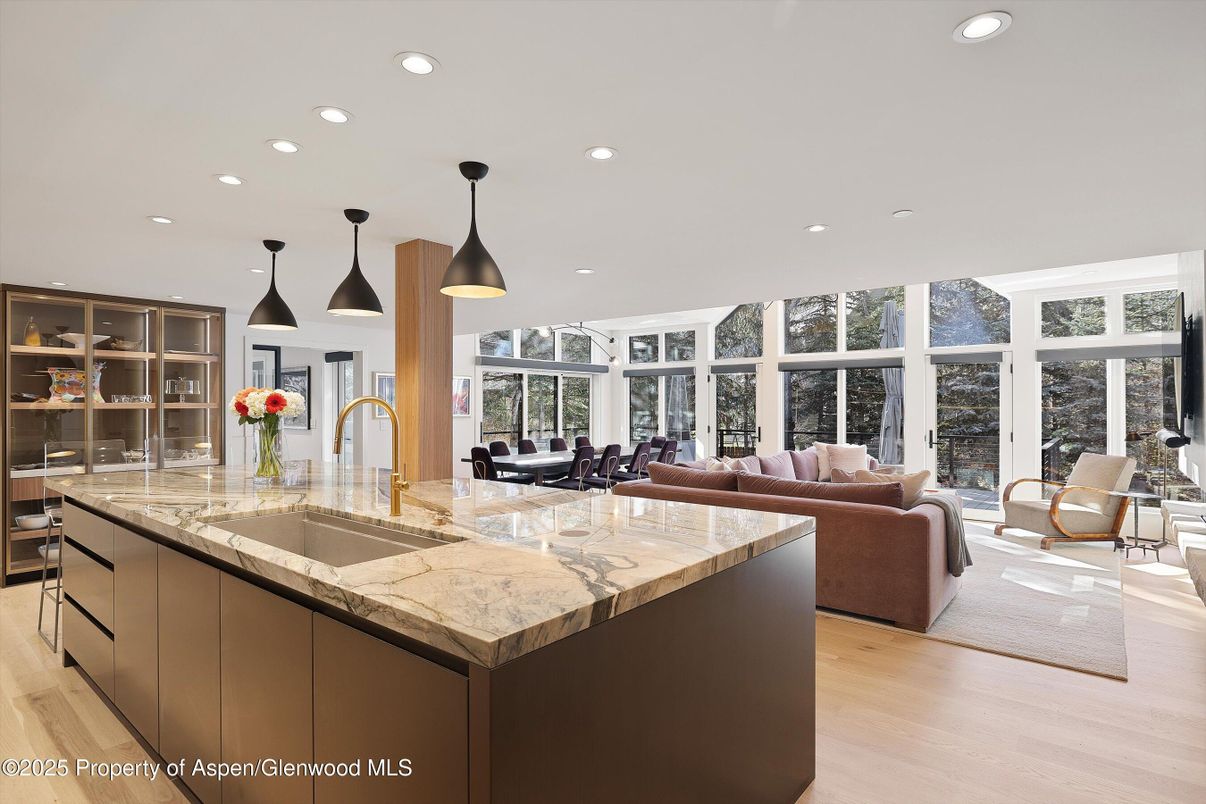 Interior, Kitchen, Living room, Pendant Lights, Recessed Lighting, Wood Texture Flooring