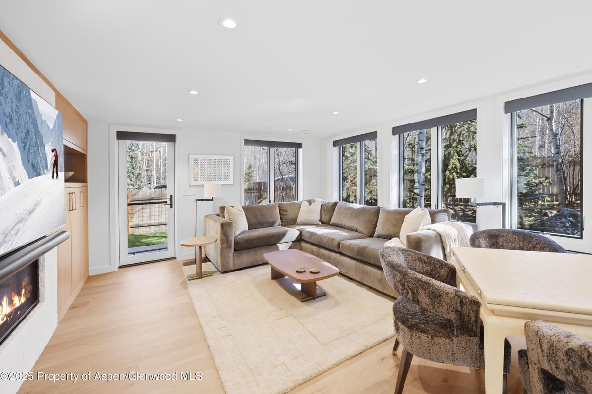 Fireplace, Interior, Living room, Recessed Lighting, Wood Texture Flooring