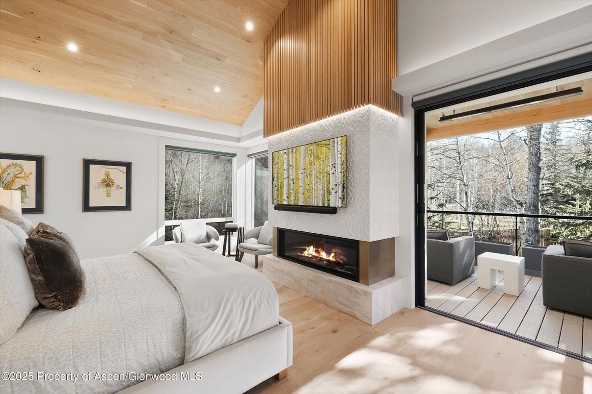Bedroom, Fireplace, Interior, Recessed Lighting, Wooden Ceilings, Wood Texture Flooring