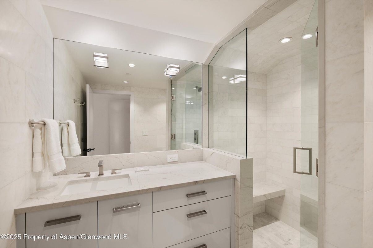 Bathroom, Glass Shower, Interior, Marble Walls, Recessed Lighting