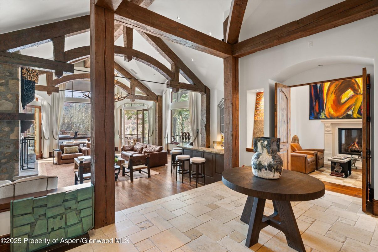 Fireplace, Interior, Living room, Recessed Lighting, Wooden Beams, Wood Texture Flooring