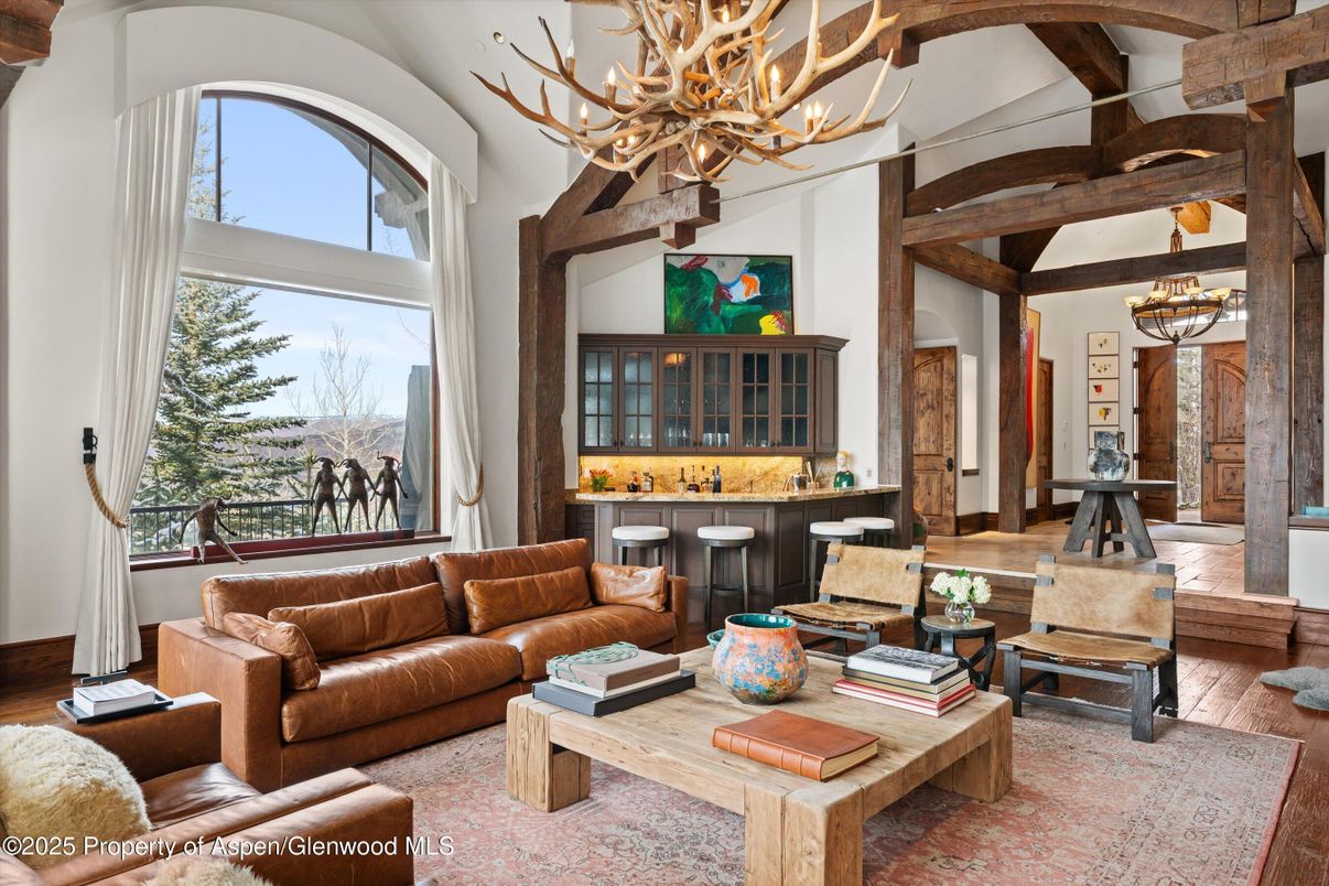 Chandelier, Interior, Living room, Wooden Beams, Wood Texture Flooring