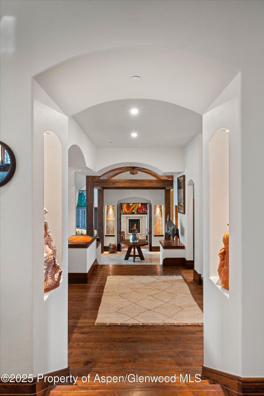 Fireplace, Interior, Recessed Lighting, Wood Texture Flooring