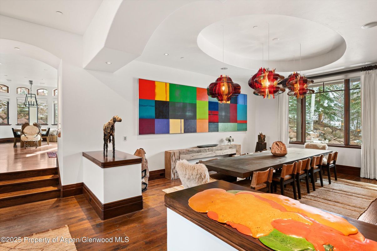 Dining room, Interior, Pendant Lights, Recessed Lighting, Wood Texture Flooring