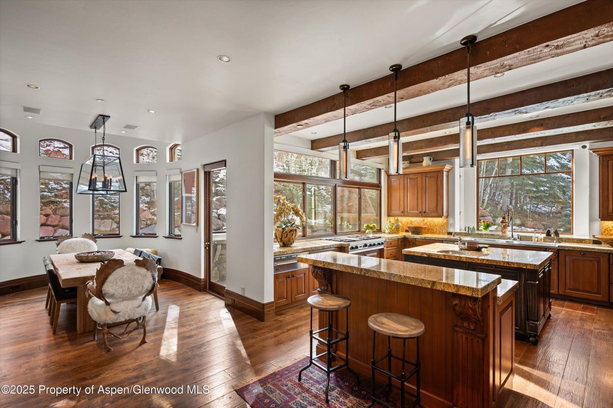Interior, Kitchen, Pendant Lights, Recessed Lighting, Wooden Beams, Wood Texture Flooring