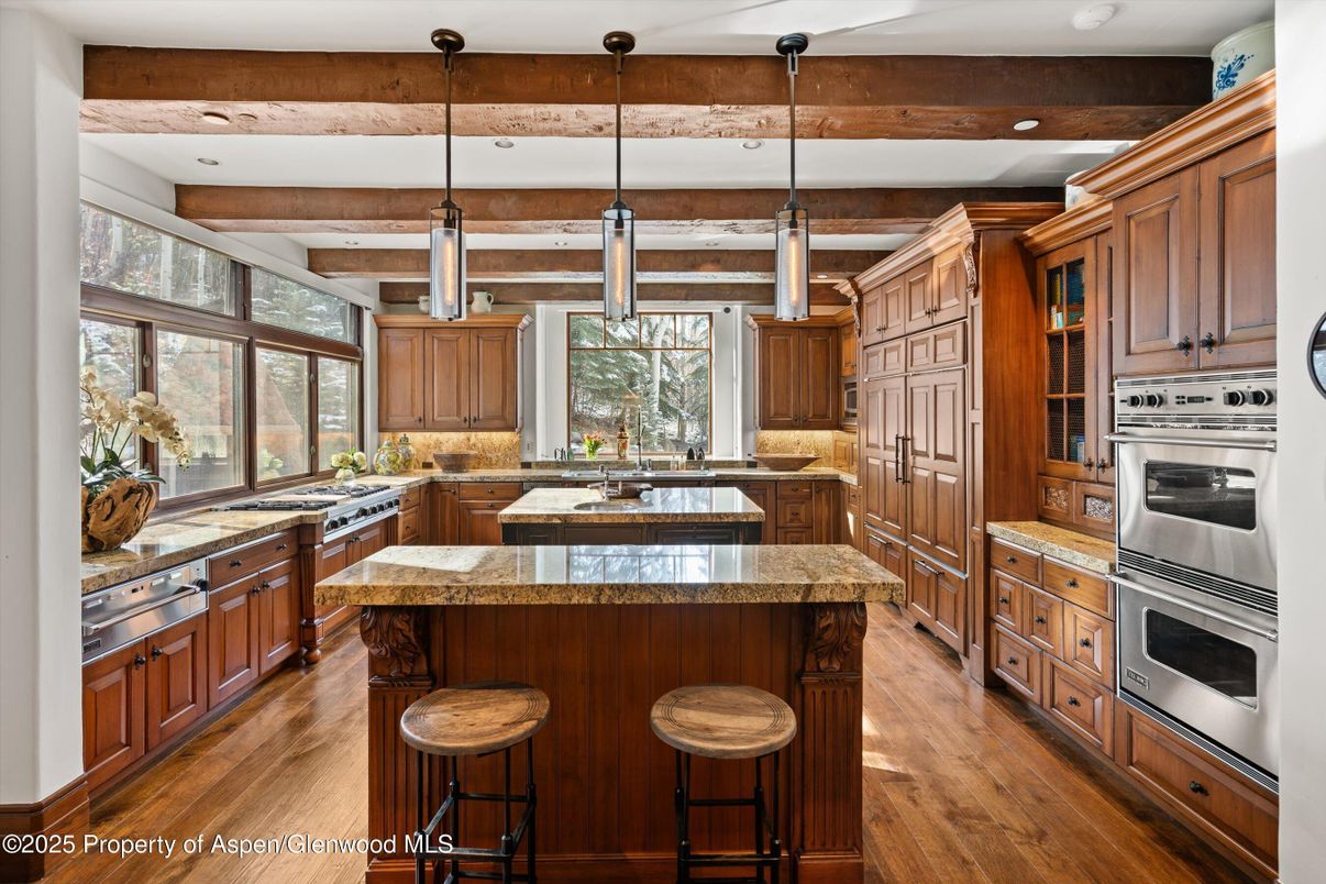 Interior, Kitchen, Pendant Lights, Recessed Lighting, Stainless Steel Appliances, Wooden Beams, Wood Texture Flooring