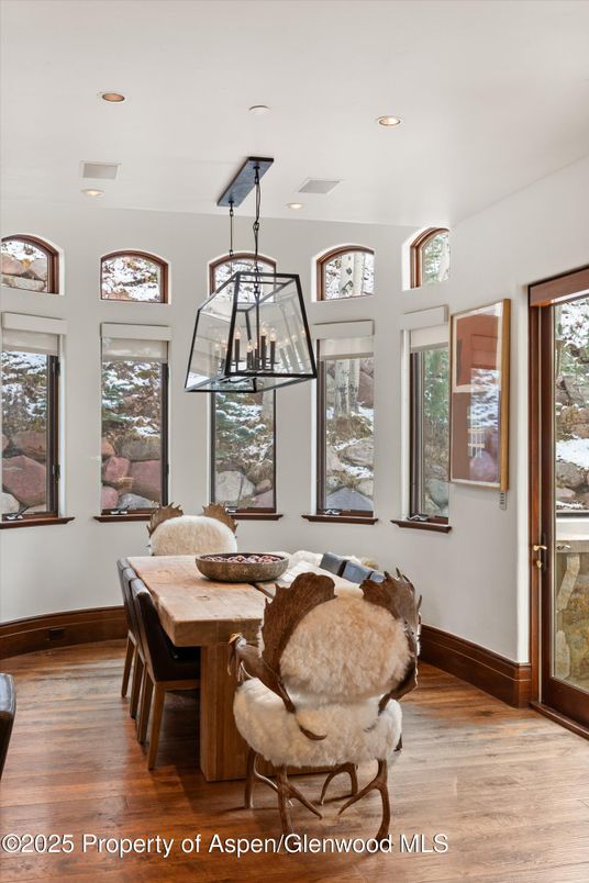 Dining room, Interior, Pendant Lights, Recessed Lighting, Wood Texture Flooring