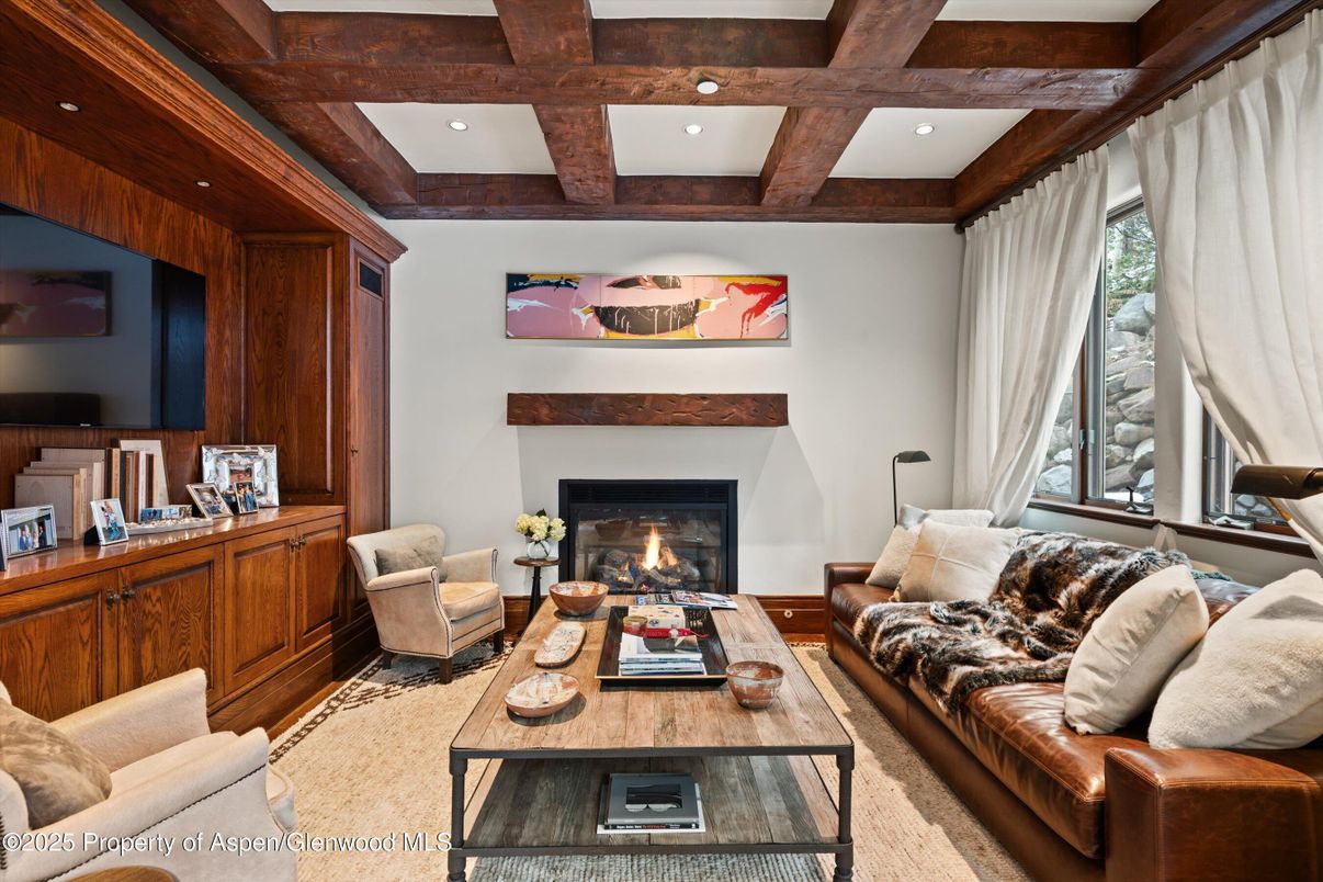 Fireplace, Interior, Living room, Recessed Lighting, Wooden Beams