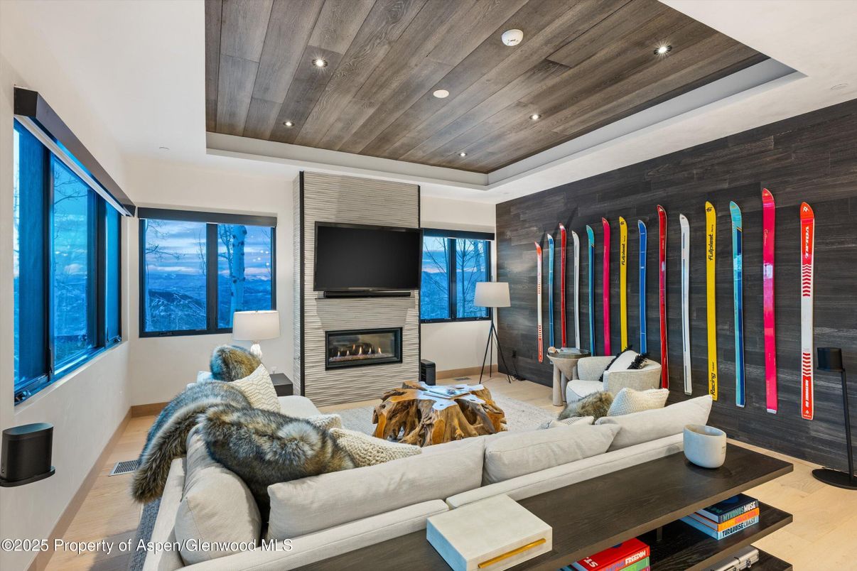 Fireplace, Interior, Living room, Recessed Lighting, Wooden Ceilings, Wood Texture Flooring