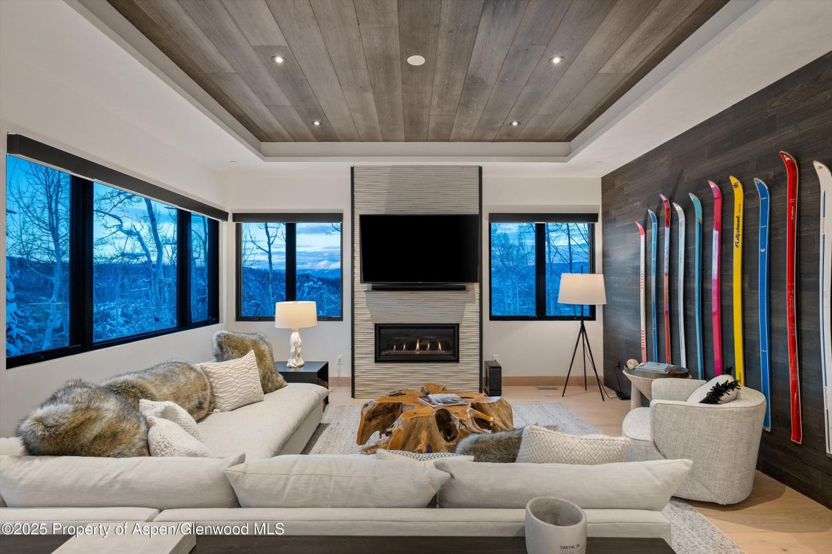 Fireplace, Interior, Living room, Recessed Lighting, Wooden Ceilings, Wood Texture Flooring