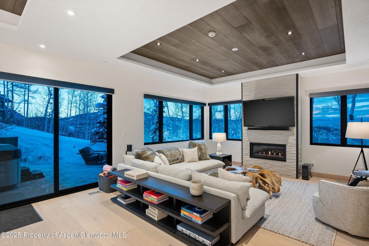 Fireplace, Interior, Living room, Recessed Lighting, Wooden Ceilings, Wood Texture Flooring