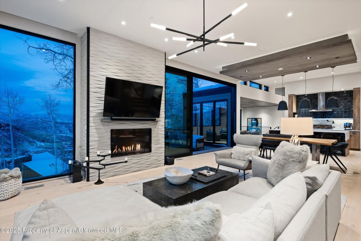 Dining room, Fireplace, Interior, Kitchen, Living room, Pendant Lights, Recessed Lighting, Wooden Ceilings, Wood Texture Flooring