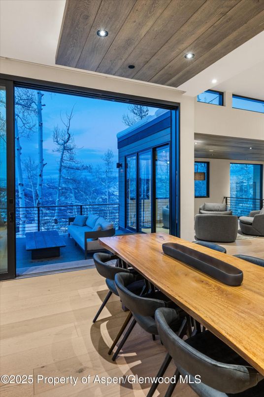 Dining room, Interior, Living room, Recessed Lighting, Water, Wooden Ceilings, Wood Texture Flooring