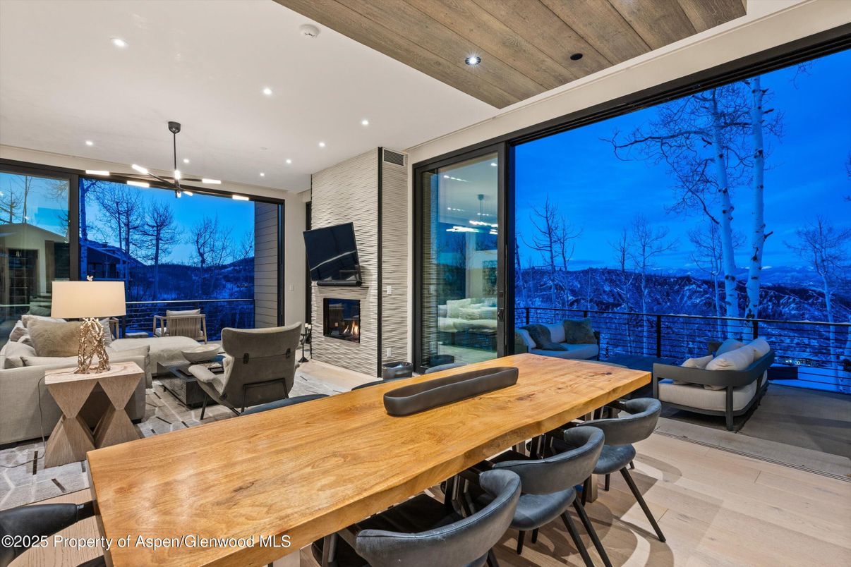 Dining room, Fireplace, Interior, Living room, Pendant Lights, Recessed Lighting, Wooden Ceilings, Wood Texture Flooring