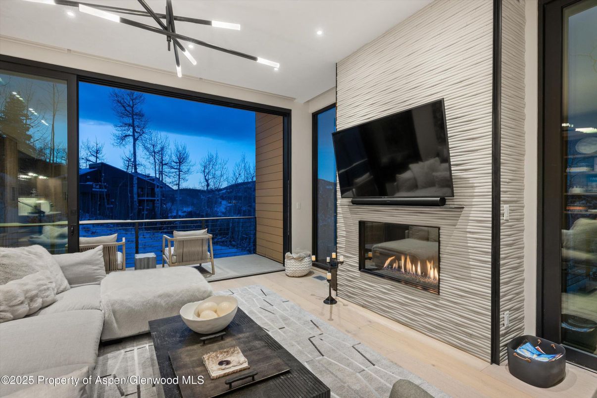 Fireplace, Interior, Living room, Recessed Lighting, Wood Texture Flooring