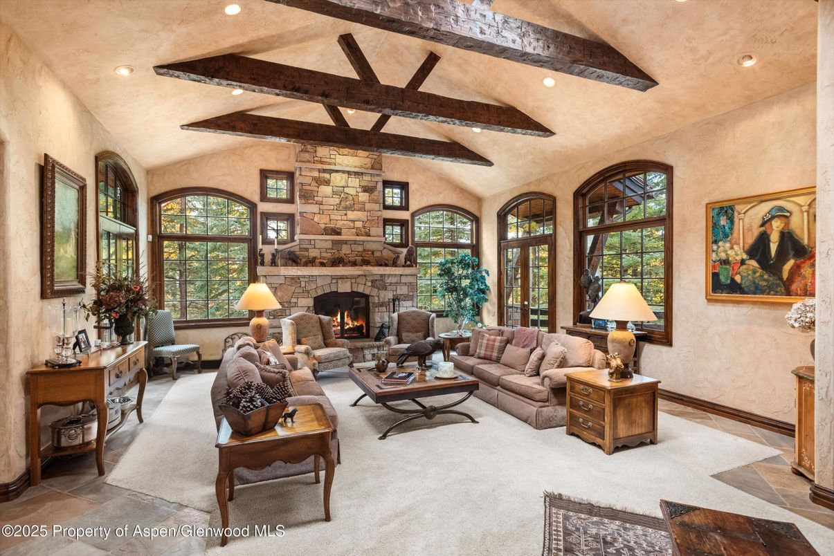 Fireplace, Interior, Living room, Recessed Lighting, Wooden Beams