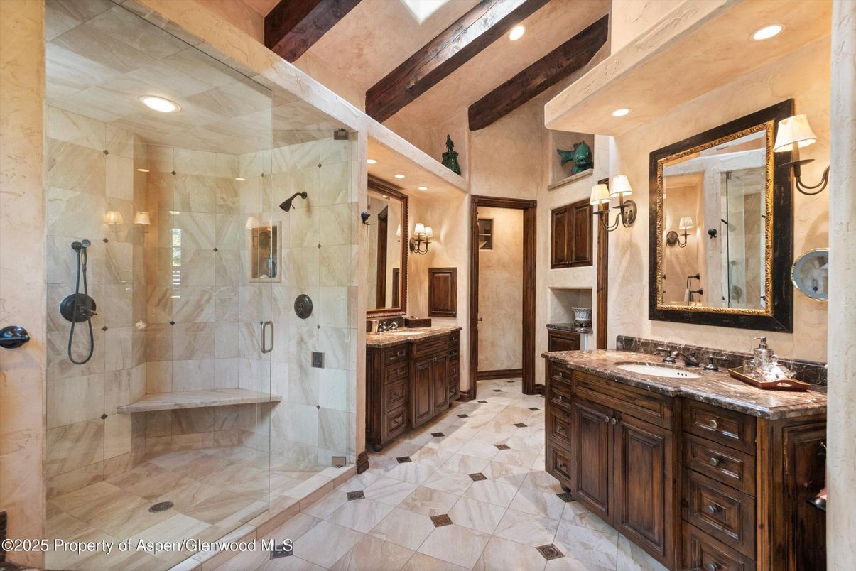 Bathroom, Dual Sink Vanities, Glass Shower, Interior, Recessed Lighting, Wooden Beams