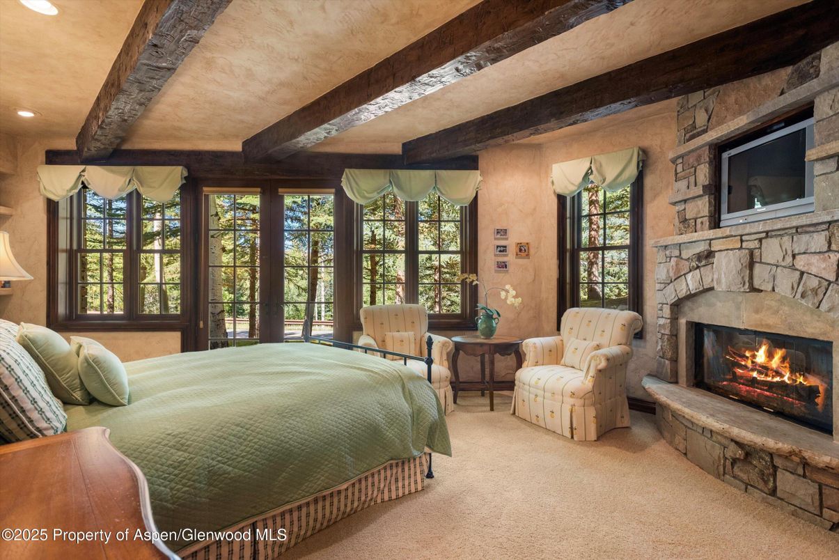 Bedroom, Fireplace, Interior, Recessed Lighting, Stone Walls, Wooden Beams