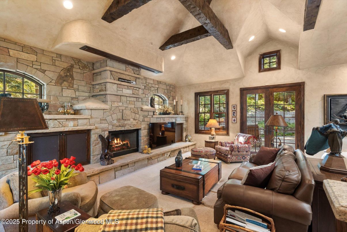 Fireplace, Interior, Living room, Recessed Lighting, Stone Walls, Wooden Beams