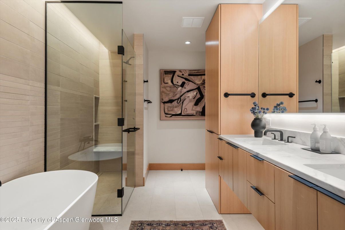 Bathroom, Dual Sink Vanities, Free Standing Baths, Glass Shower, Interior, Recessed Lighting