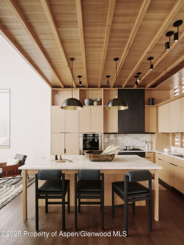 Interior, Kitchen, Pendant Lights, Stainless Steel Appliances, Wooden Beams, Wooden Ceilings, Wood Texture Flooring