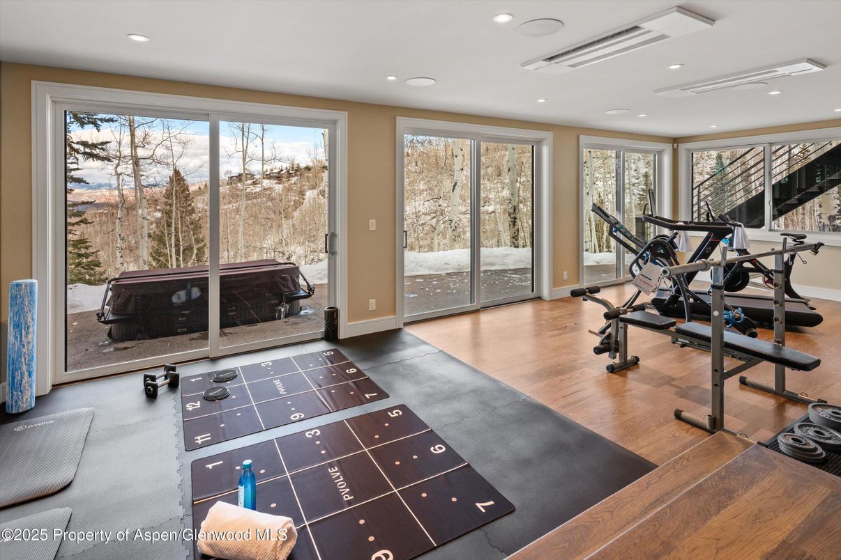 Fitness Equipment, Gym, Interior, Recessed Lighting, Wood Texture Flooring