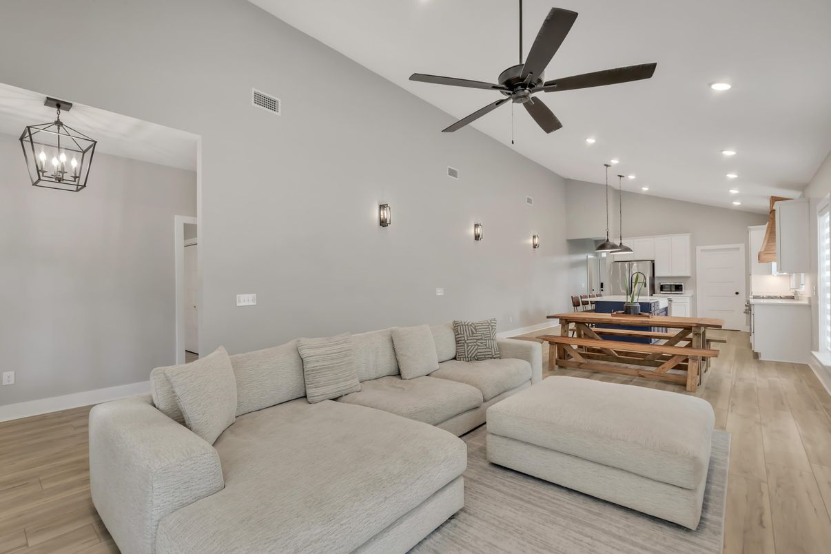 Dining room, Interior, Kitchen, Living room, Pendant Lights, Recessed Lighting, Stainless Steel Appliances, Wood Texture Flooring