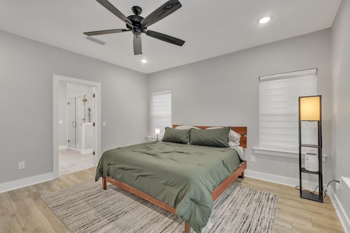 Bedroom, Interior, Recessed Lighting, Wood Texture Flooring