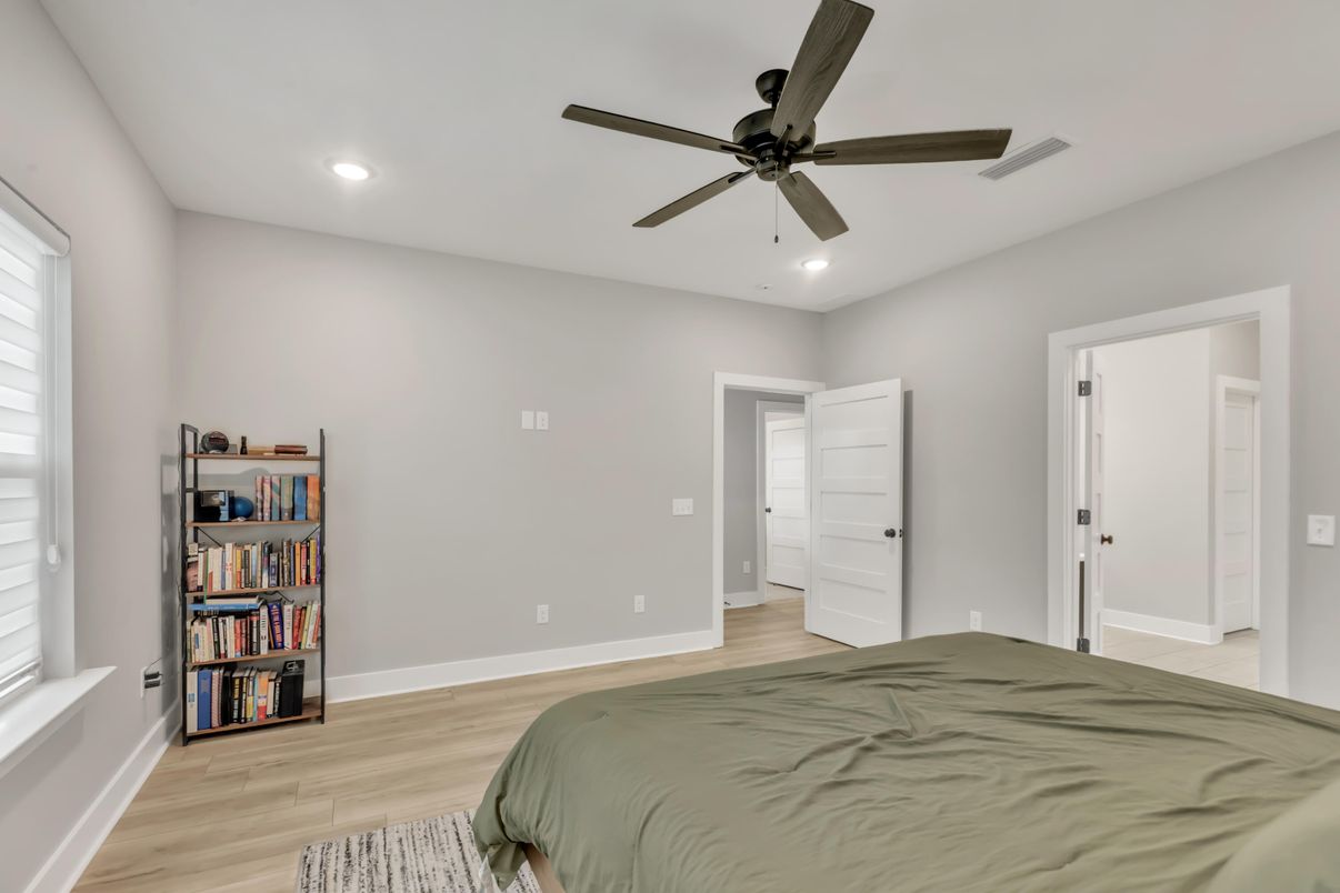 Bedroom, Interior, Recessed Lighting, Wood Texture Flooring