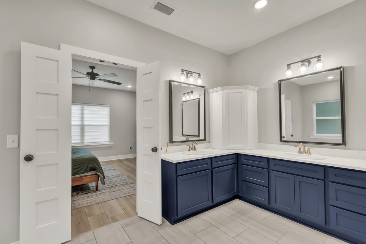 Bathroom, Dual Sink Vanities, Interior, Recessed Lighting, Wood Texture Flooring