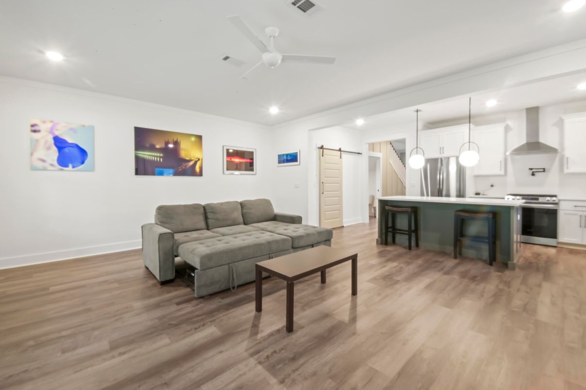 Interior, Kitchen, Living room, Pendant Lights, Recessed Lighting, Wood Texture Flooring