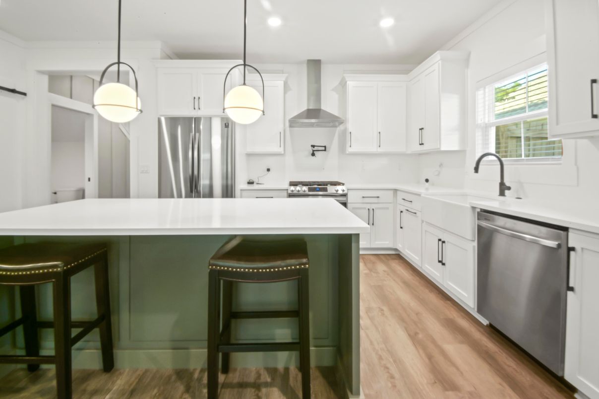 Interior, Kitchen, Pendant Lights, Recessed Lighting, Stainless Steel Appliances, Wood Texture Flooring