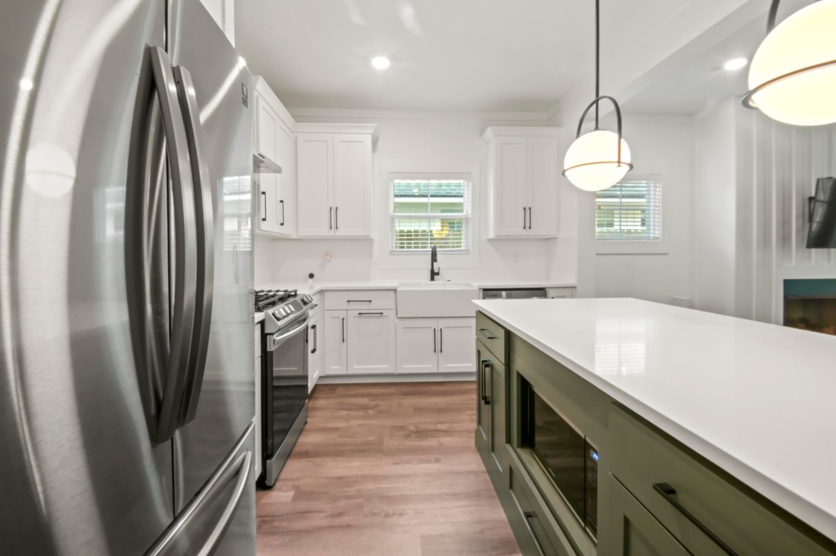 Interior, Kitchen, Pendant Lights, Recessed Lighting, Stainless Steel Appliances, Wood Texture Flooring
