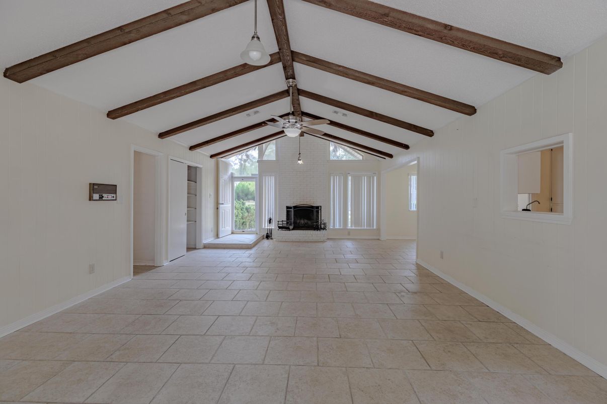 Empty room, Fireplace, Interior, Pendant Lights, Wooden Beams