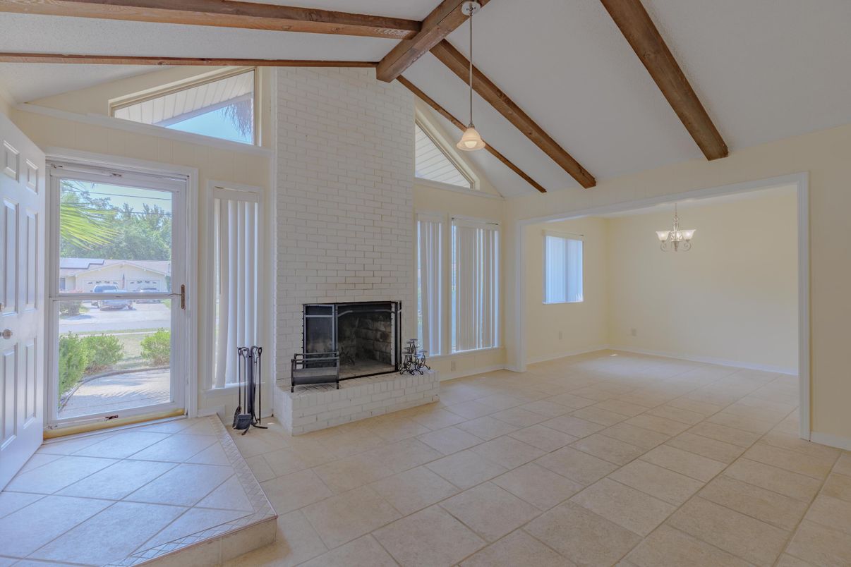 Empty room, Fireplace, Interior, Pendant Lights, Wooden Beams