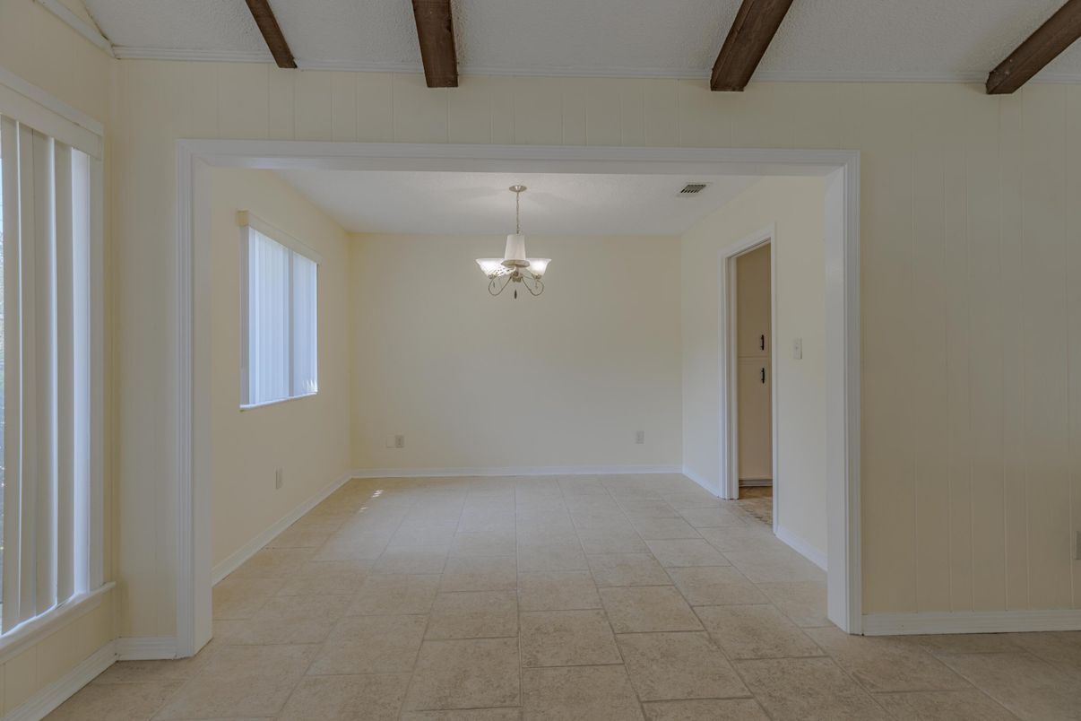 Chandelier, Empty room, Interior, Wooden Beams