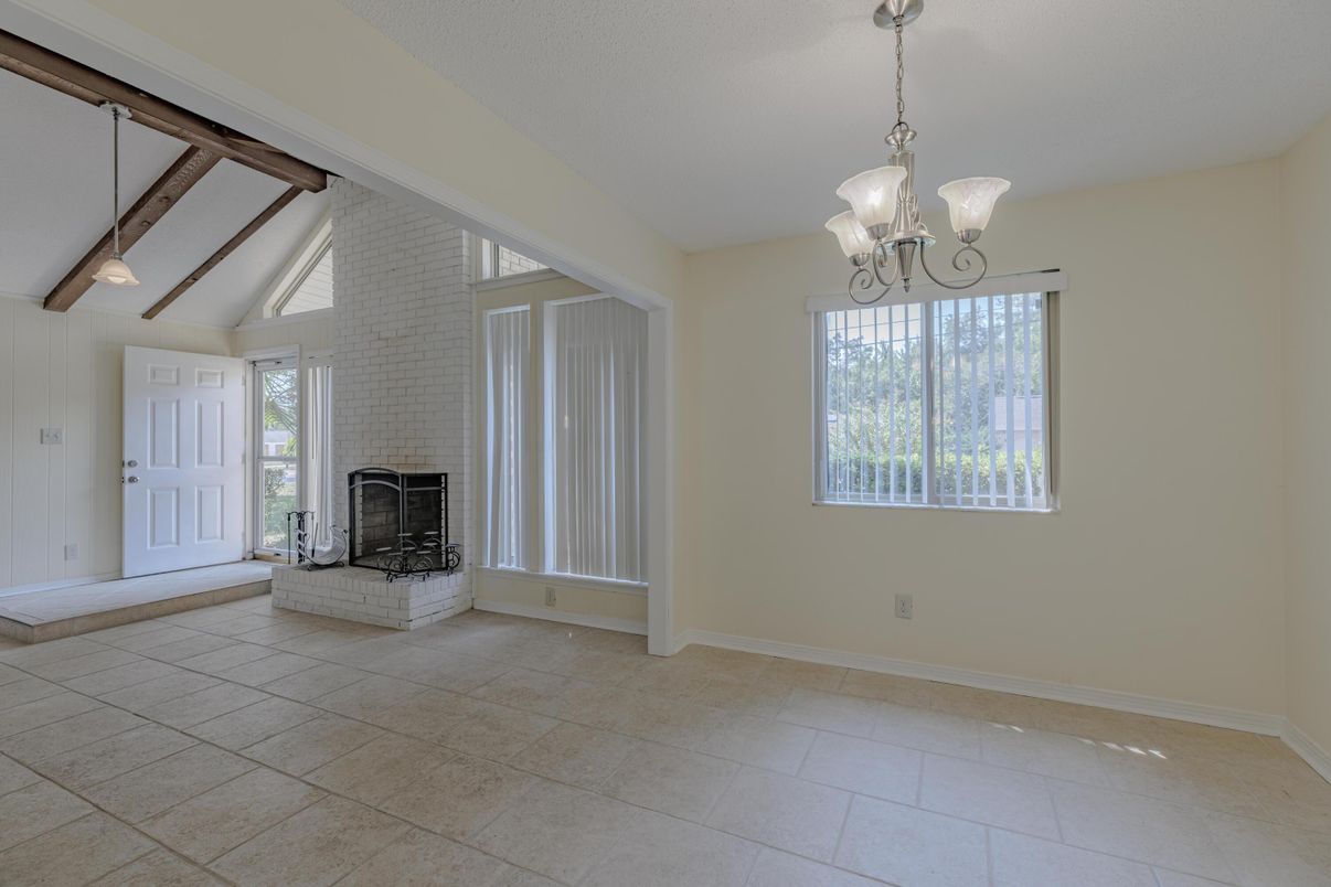 Chandelier, Empty room, Fireplace, Interior, Pendant Lights, Wooden Beams
