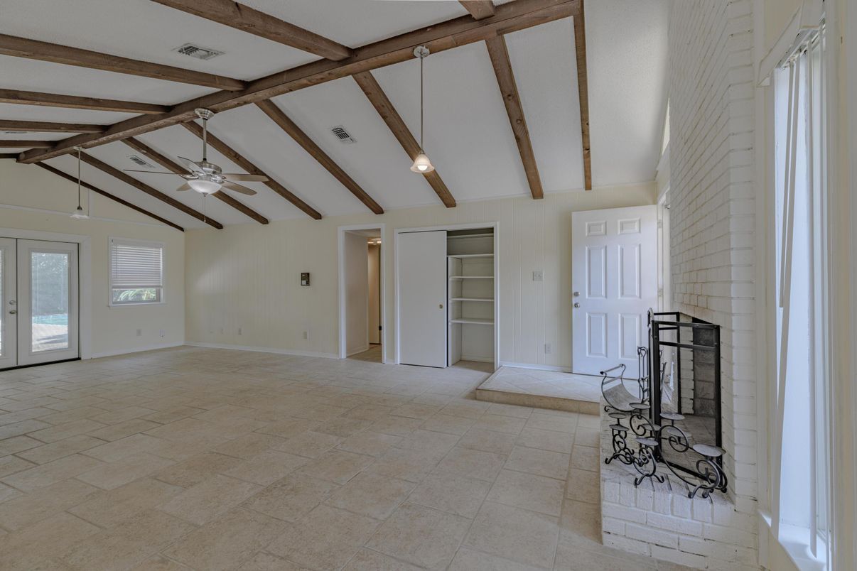 Empty room, Fireplace, Interior, Pendant Lights, Wooden Beams