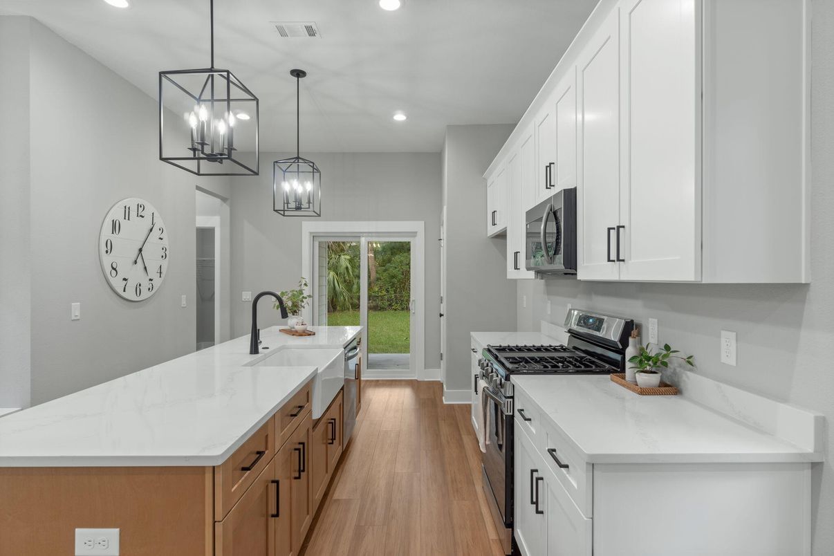 Interior, Kitchen, Pendant Lights, Recessed Lighting, Wood Texture Flooring