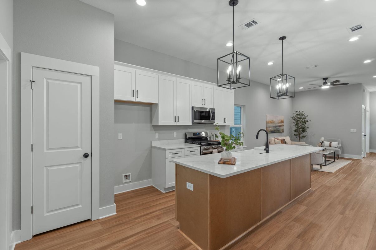 Interior, Kitchen, Pendant Lights, Recessed Lighting, Stainless Steel Appliances, Wood Texture Flooring