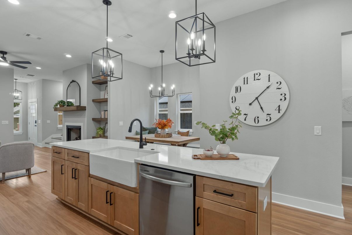 Fireplace, Interior, Kitchen, Pendant Lights, Recessed Lighting, Stainless Steel Appliances, Wood Texture Flooring