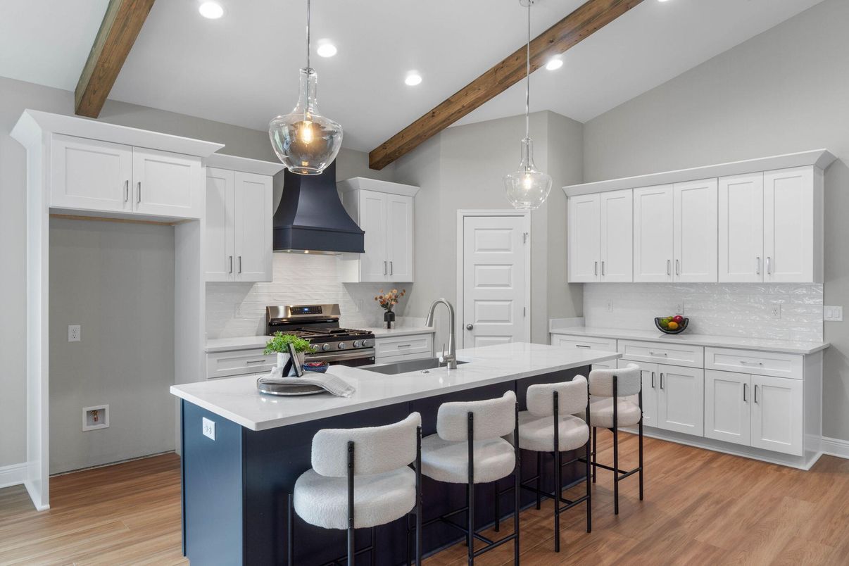 Interior, Kitchen, Pendant Lights, Recessed Lighting, Stainless Steel Appliances, Wooden Beams, Wood Texture Flooring