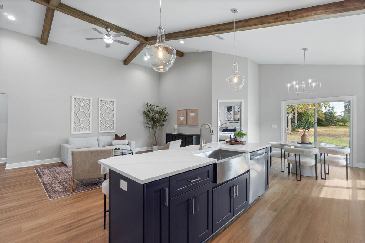 Dining room, Interior, Kitchen, Living room, Pendant Lights, Recessed Lighting, Wooden Beams, Wood Texture Flooring