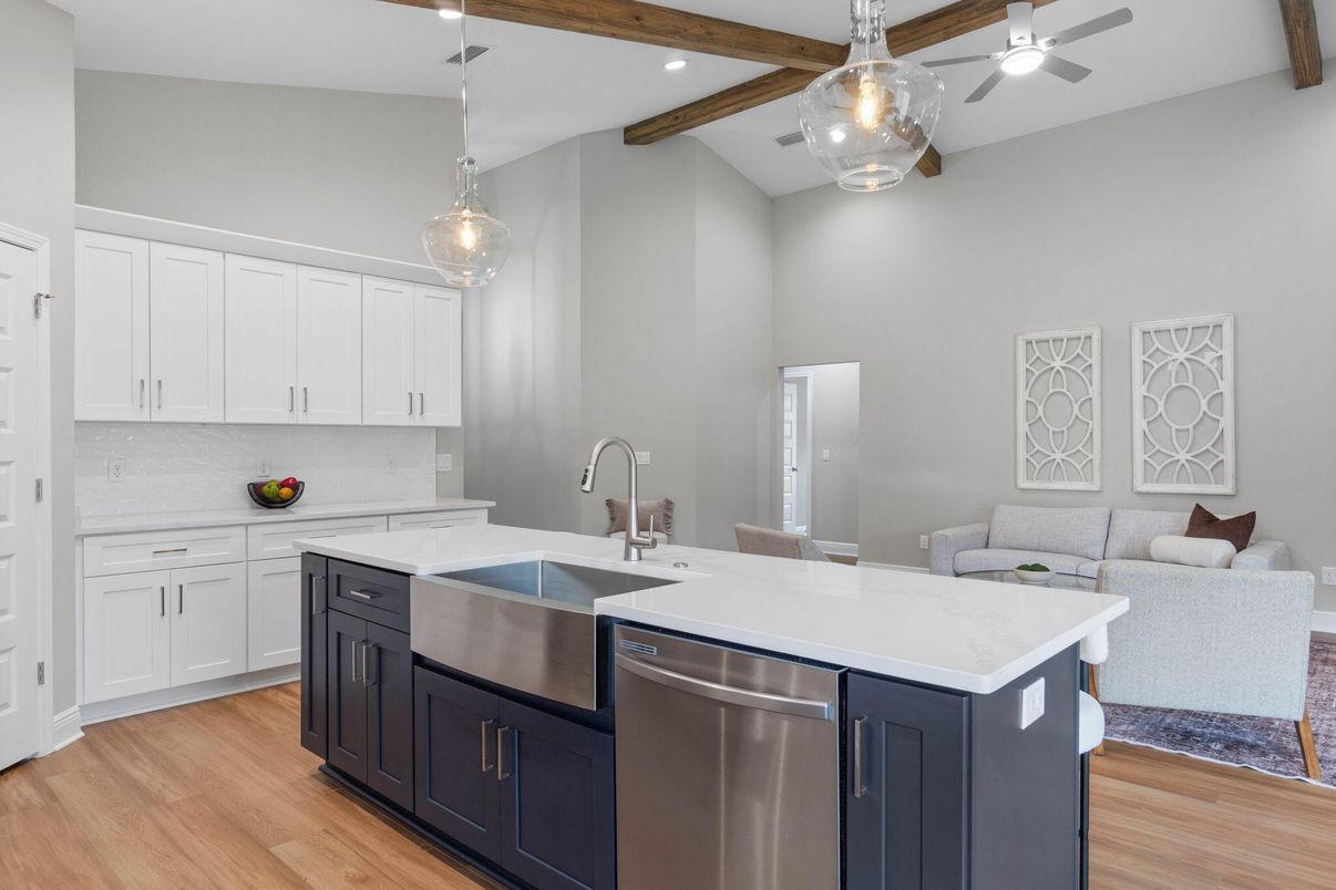 Interior, Kitchen, Pendant Lights, Recessed Lighting, Stainless Steel Appliances, Wooden Beams, Wood Texture Flooring