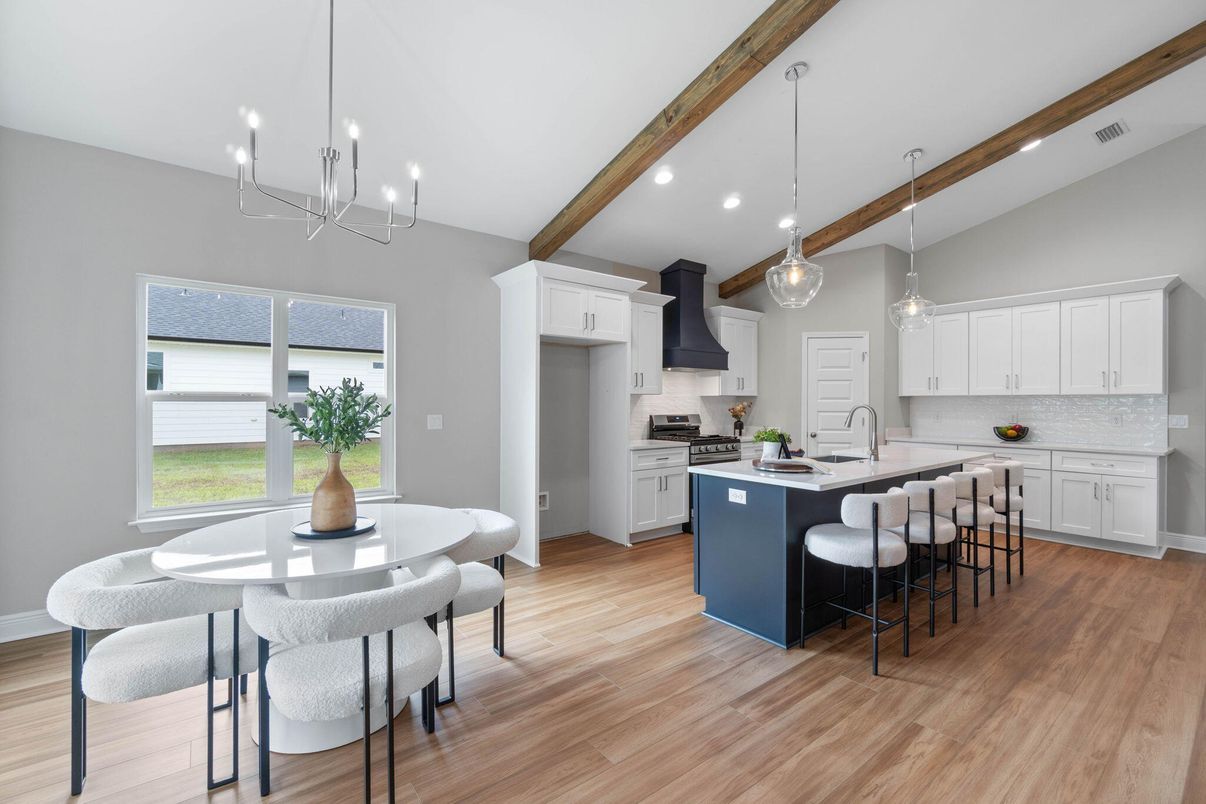 Chandelier, Dining room, Interior, Kitchen, Pendant Lights, Recessed Lighting, Stainless Steel Appliances, Wooden Beams, Wood Texture Flooring