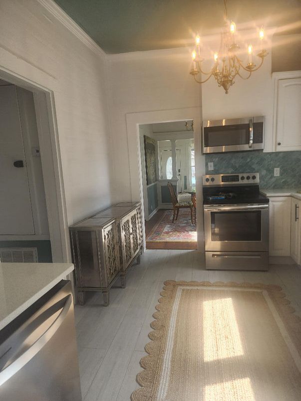 Chandelier, Interior, Kitchen, Stainless Steel Appliances