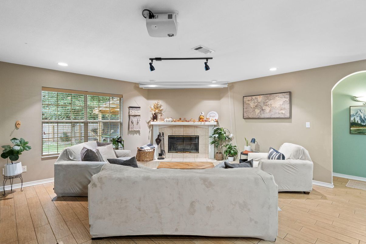 Fireplace, Interior, Living room, Recessed Lighting, Wood Texture Flooring