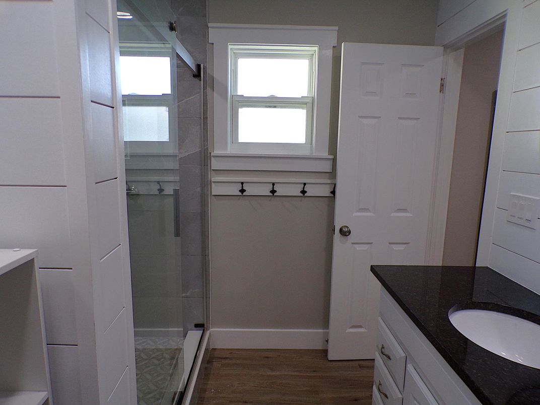 Bathroom, Glass Shower, Interior, Wood Texture Flooring